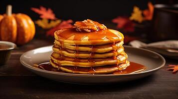 AI generated Pumpkin-flavored pancakes stacked high and drizzled with maple syrup. Generative AI photo