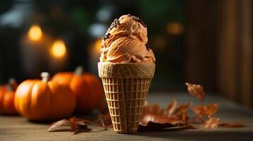 AI generated Pumpkin-flavored ice cream scooped into a cone. Generative AI photo