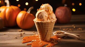 AI generated Pumpkin-flavored ice cream scooped into a cone. Generative AI photo