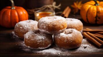 AI generated Pumpkin-flavored donuts dusted with powdered sugar or cinnamon. Generative AI photo