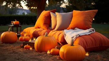 AI generated Pumpkin-themed outdoor movie night with pumpkins. Generative AI photo