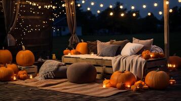 AI generated Pumpkin-themed outdoor movie night with pumpkins. Generative AI photo