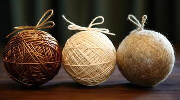 AI generated Yarn-wrapped Christmas ornaments, adding a handmade touch. Generative AI photo