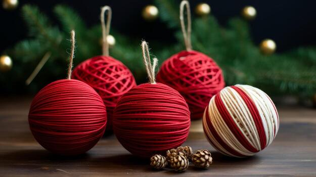 AI generated Yarn-wrapped Christmas ornaments. Generative AI photo