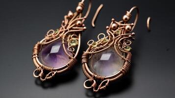 AI generated Wire-wrapped gemstone earrings with intricate wirework. Generative AI photo