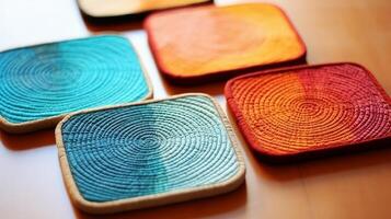 AI generated Yarn-wrapped coasters, protecting your surfaces. Generative AI photo