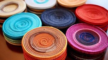 AI generated Yarn-wrapped coasters, protecting your surfaces. Generative AI photo