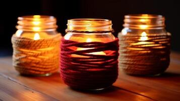 AI generated Yarn-wrapped mason jars candle holders. Generative AI photo