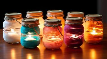 AI generated Yarn-wrapped mason jars stylish candle holders. Generative AI photo