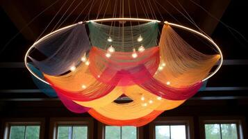AI generated Yarn-wrapped hula hoop transformed into a mesmerizing yarn chandelier. Generative AI photo