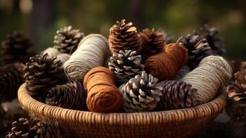 AI generated Yarn-wrapped pinecones, rustic home decor element. Generative AI photo