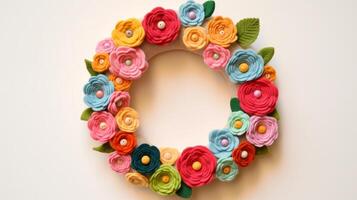 AI generated Yarn-wrapped wreath adorned with felt flowers. Generative AI photo