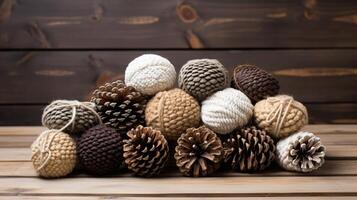 AI generated Yarn-wrapped pinecones, a natural and rustic home decoration. Generative AI photo