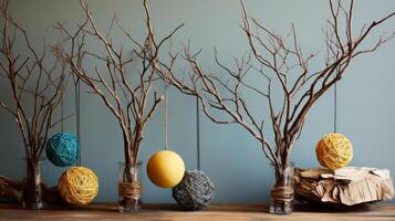 AI generated Yarn-wrapped tree branches. Generative AI photo