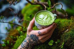 AI generated Tattoos Adorn a Pair of Hands Cradling a Cup of Zen-Inducing Matcha Latte, Merging Healthful Aura with Enchanting Aesthetics photo