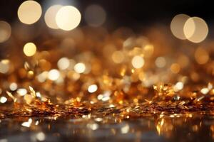 AI generated Glittering sparkling background with golden shimmers. Christmas and New year bokeh lights in the background. photo
