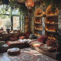 AI Generated Bohemian reading nook with floor cushions tapestries photo