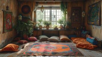 AI Generated Bohemian reading nook with floor cushions tapestries photo