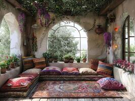 AI Generated Bohemian reading nook with floor cushions tapestries photo