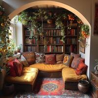 AI Generated Bohemian reading nook with floor cushions tapestries photo