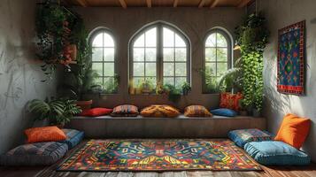 AI Generated Bohemian reading nook with floor cushions tapestries photo