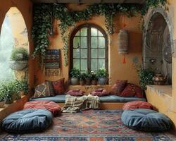 AI Generated Bohemian reading nook with floor cushions tapestries photo