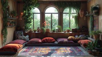 AI Generated Bohemian reading nook with floor cushions tapestries photo