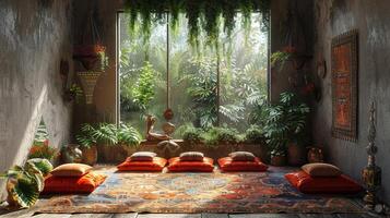 AI Generated Bohemian reading nook with floor cushions tapestries photo