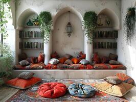 AI Generated Bohemian reading nook with floor cushions tapestries photo