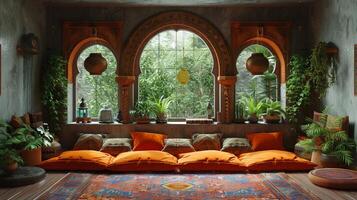 AI Generated Bohemian reading nook with floor cushions tapestries photo