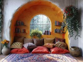 AI Generated Bohemian reading nook with floor cushions tapestries photo