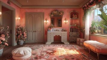 AI Generated Glamorous dressing room with a vintage vanity and soft photo