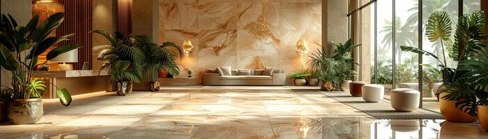 AI Generated Lavish hotel lobby with marble floors lush plants photo