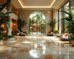 AI Generated Lavish hotel lobby with marble floors lush plants photo