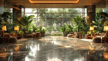 AI Generated Lavish hotel lobby with marble floors lush plants photo