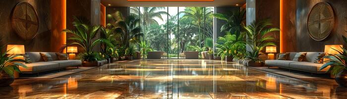 AI Generated Lavish hotel lobby with marble floors lush plants photo