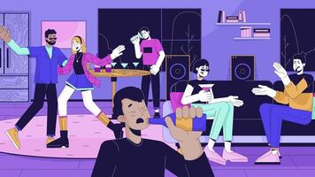 Alkohol Probleme beim Party Linie Karikatur Animation. betrunken Gast problematisch Verhalten 4k Video Bewegung Grafik. übertrunken Menschen beim Zuhause Versammlung 2d linear animiert Zeichen auf Innere Hintergrund