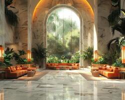 AI Generated Lavish hotel lobby with marble floors lush plants photo