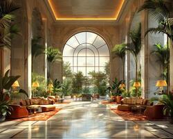 AI Generated Lavish hotel lobby with marble floors lush plants photo