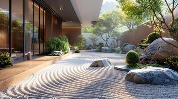 AI Generated Minimalist Zen garden with raked sand and simple photo
