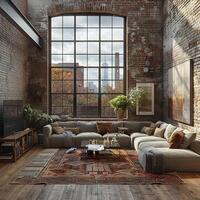 AI Generated Minimalist urban loft with exposed brick and large photo