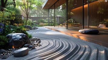 ai generado minimalista zen jardín con rastrillado arena y sencillo foto