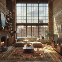 AI Generated Minimalist urban loft with exposed brick and large photo