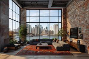 AI Generated Minimalist urban loft with exposed brick and large photo