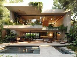 AI Generated Modernist villa with open spaces natural light photo