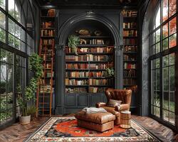 AI Generated Moody home library with dark shelves a ladder photo