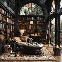 AI Generated Moody home library with dark shelves a ladder photo