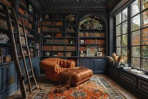 AI Generated Moody home library with dark shelves a ladder photo