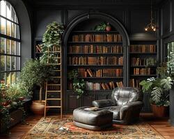 AI Generated Moody home library with dark shelves a ladder photo