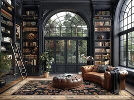 AI Generated Moody home library with dark shelves a ladder photo